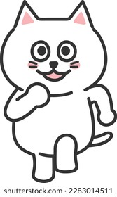 White cartoon cat running cheerfully, vector illustration isolated on a transparent background.
