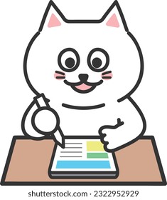 White cartoon cat solves questions on a test smoothly, vector illustration.