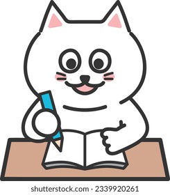 Weiße Cartoon Katze, die mit Spaß lernt, Vektorgrafik.
