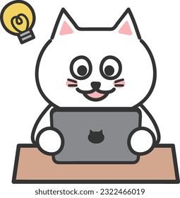White cartoon cat studying happily with a tablet computer.