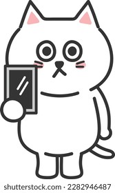 White cartoon cat taking a selfie with a smartphone or digital tablet, vector illustration.