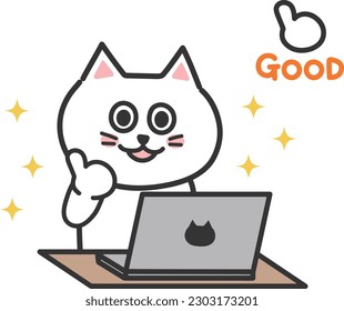 Un gato blanco de dibujos animados usando una computadora con gran alegría. Ilustración vectorial.