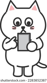 White cartoon cat using a smartphone, vector illustration isolated on a transparent background.