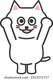 White cartoon cat welcomes someone by raising her hands, vector illustration.