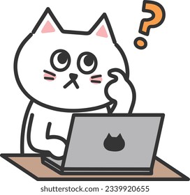 White cartoon cat wondering something while using a computer, vector illustration.