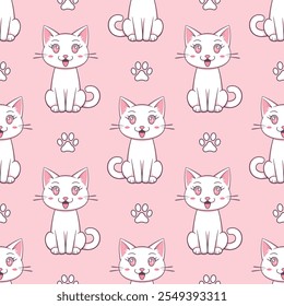 White cartoon cats and paw's prints on pink background. Vector seamless pattern.