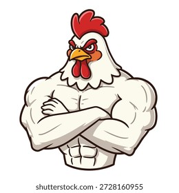 Frango branco de desenho animado com um pente vermelho e uma acácia, representado com um torso musculoso, semelhante a um ser humano e braços cruzados.