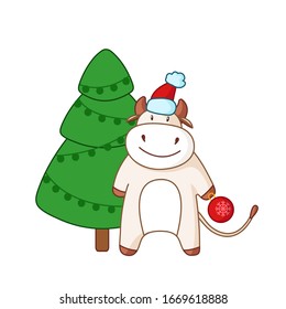 White cartoon Christmas ox and tree with garland, bull or cow in winter santa hat, kawaii character isolated on white for poster, greeting card, 2021 symbol, cute farm animal - vector illustration