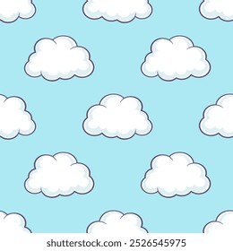 Nuvens de desenhos animados brancos com contorno preto sobre fundo azul céu. Padrão sem emenda do vetor.