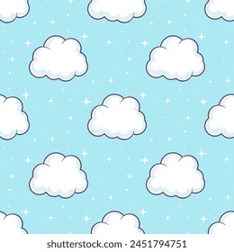 White cartoon clouds on blue background. Vector seamless pattern.