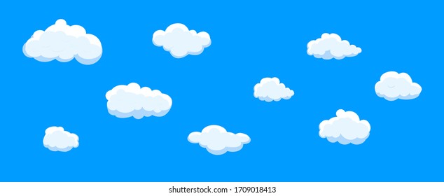 White cartoon clouds set isolated on blue background. Collection of different clouds for web site, poster, placard and wallpaper. Creative modern concept. Clouds vector illustration