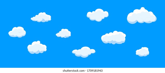 Nubes de dibujos blancos aisladas de fondo azul. Colección de diferentes nubes para sitio web, afiche, carteles y tapiz. Concepto creativo y moderno. Ilustración vectorial nubes