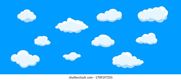 Nubes de dibujos blancos aisladas de fondo azul. Colección de diferentes nubes para sitio web, afiche, carteles y tapiz. Concepto creativo y moderno. Ilustración vectorial nubes