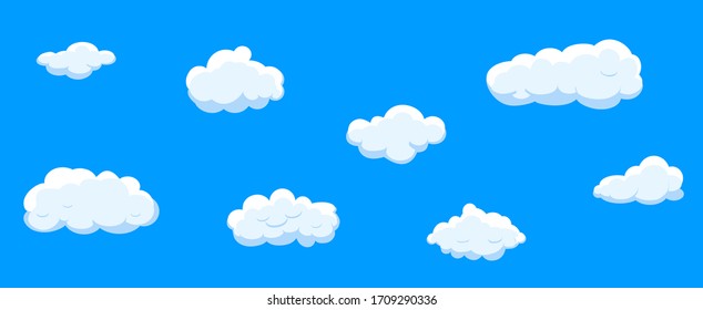 White cartoon clouds set isolated on blue background. Collection of different clouds for web site, poster, placard and wallpaper. Creative modern concept. Clouds vector illustration