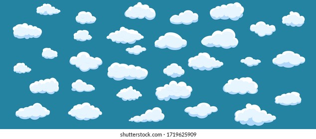 Nubes de dibujos blancos aisladas de fondo azul. Colección de diferentes nubes para sitio web, plantilla de fondo, fondo de pared y diseño de cielo. Concepto creativo y moderno. Ilustración vectorial nubes