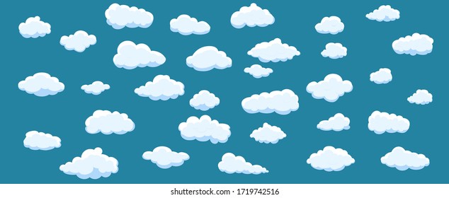 Nubes de dibujos blancos aisladas de fondo azul. Colección de diferentes nubes para sitio web, plantilla de fondo, fondo de pared y diseño de cielo. Concepto creativo y moderno. Ilustración vectorial nubes