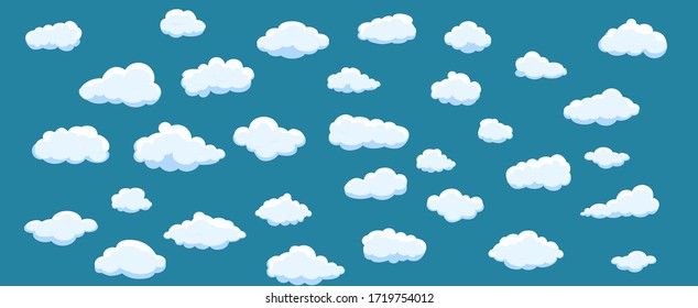 White cartoon clouds set isolated on blue background. Collection of different clouds for web site, background template, wallpaper and sky design. Creative modern concept. Clouds vector illustration