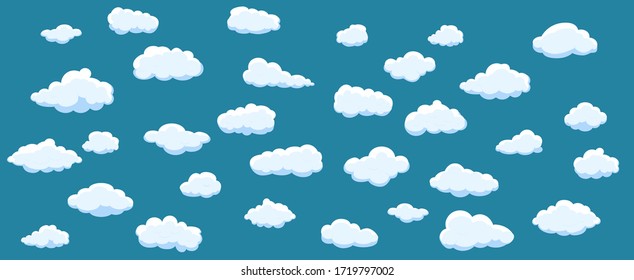 White cartoon clouds set isolated on blue background. Collection of different clouds for web site, background template, wallpaper and sky design. Creative modern concept. Clouds vector illustration