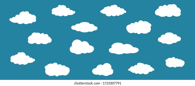 White cartoon clouds set isolated on blue background. Collection of different clouds for web site, background template, wallpaper and sky design. Creative modern concept. Clouds vector illustration