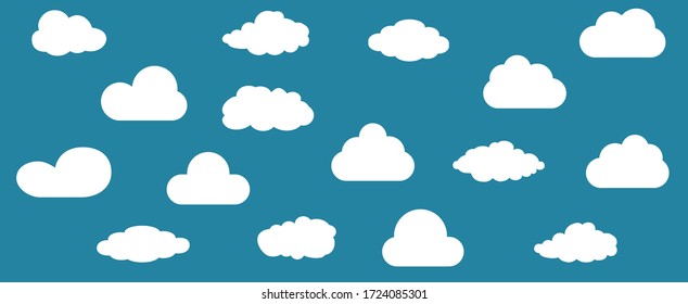 White cartoon clouds set isolated on blue background. Collection of different clouds for web site, background template, wallpaper and sky design. Creative modern concept. Clouds vector illustration