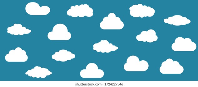 White cartoon clouds set isolated on blue background. Collection of different clouds for web site, background template, wallpaper and sky design. Creative modern concept. Clouds vector illustration