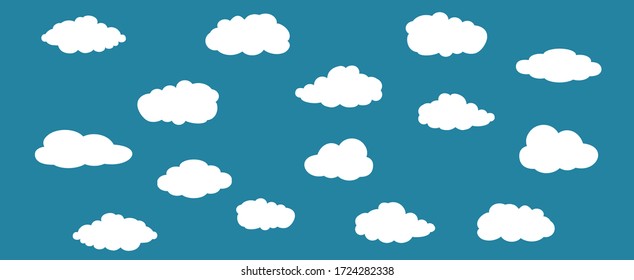 White cartoon clouds set isolated on blue background. Collection of different clouds for web site, background template, wallpaper and sky design. Creative modern concept. Clouds vector illustration