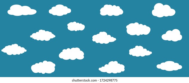 White cartoon clouds set isolated on blue background. Collection of different clouds for web site, background template, wallpaper and sky design. Creative modern concept. Clouds vector illustration