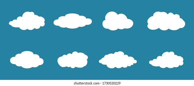 White cartoon clouds set isolated on blue background. Collection of different clouds for web site, background template, wallpaper and sky design. Creative modern concept. Clouds vector illustration