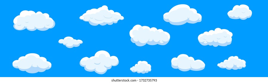 White cartoon clouds set isolated on blue background. Collection of different clouds for web site, background template, wallpaper and sky design. Creative modern concept. Clouds vector illustration