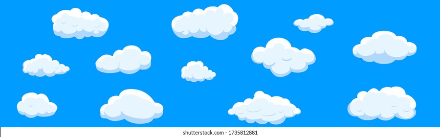 Nubes blancas de dibujos animados aisladas sobre fondo azul. Colección de diferentes nubes para sitio web, plantilla de fondo, fondo de pantalla y diseño de cielo. Concepto moderno creativo. Ilustración vectorial de nubes