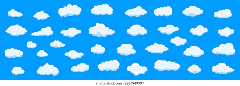 Nubes blancas de dibujos animados aisladas sobre fondo azul. Colección de diferentes nubes para la plantilla de fondo, papel pintado y diseño de cielo ondulado. Concepto de nubes planas. Ilustración vectorial de nubes 3D