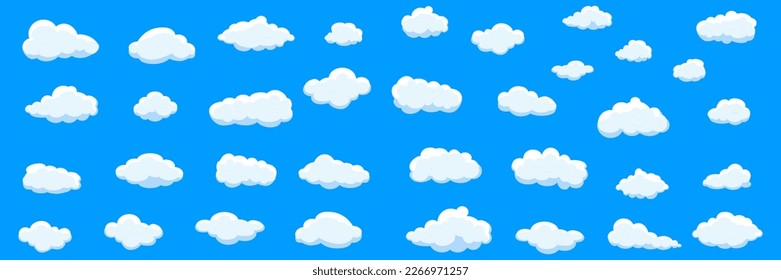 White cartoon clouds set isolated on blue background. Collection of different clouds for background template, wallpaper and fluffy sky design. Flat clouds concept. 3D clouds vector illustration