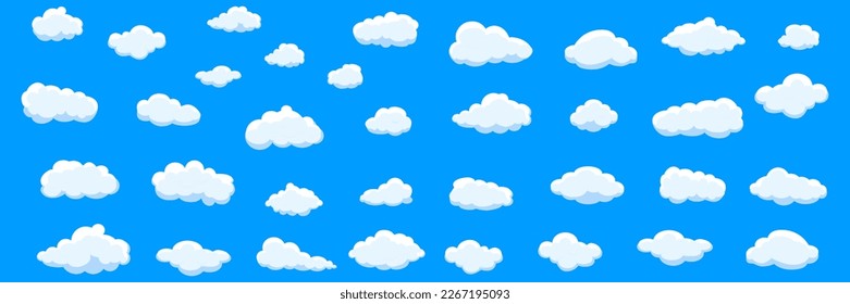 White cartoon clouds set isolated on blue background. Collection of different clouds for background template, wallpaper and fluffy sky design. Flat clouds concept. 3D clouds vector illustration