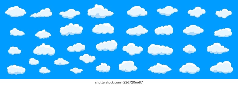 White cartoon clouds set isolated on blue background. Collection of different clouds for background template, wallpaper and fluffy sky design. Flat clouds concept. 3D clouds vector illustration