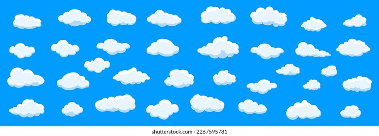 White cartoon clouds set isolated on blue background. Collection of different clouds for background template, wallpaper and fluffy sky design. Flat clouds concept. 3D clouds vector illustration