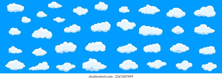Nubes blancas de dibujos animados aisladas sobre fondo azul. Colección de diferentes nubes para la plantilla de fondo, papel pintado y diseño de cielo ondulado. Concepto de nubes planas. Ilustración vectorial de nubes 3D