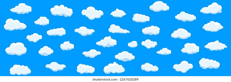 White cartoon clouds set isolated on blue background. Collection of different clouds for background template, wallpaper and fluffy sky design. Flat clouds concept. 3D clouds vector illustration