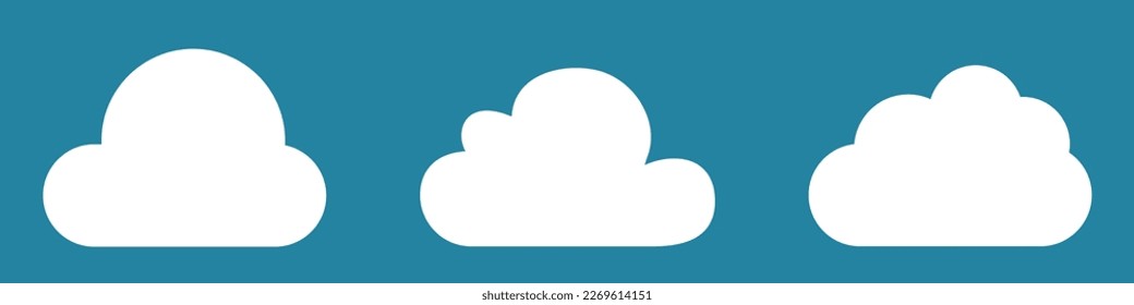 White cartoon clouds set isolated on blue background. Collection of different clouds for background template, wallpaper and fluffy sky design. Flat clouds concept. Clouds vector illustration