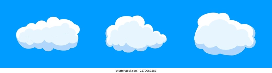 White cartoon clouds set isolated on blue background. Collection of different clouds for background template, wallpaper and fluffy sky design. Flat clouds concept. Clouds vector illustration