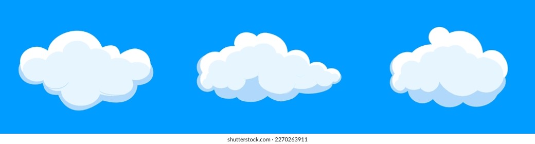 White cartoon clouds set isolated on blue background. Collection of different clouds for background template, wallpaper and fluffy sky design. Flat clouds concept. Clouds vector illustration