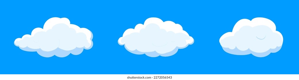 White cartoon clouds set isolated on blue background. Collection of different clouds for background template, wallpaper and fluffy sky design. Flat clouds concept. Clouds vector illustration