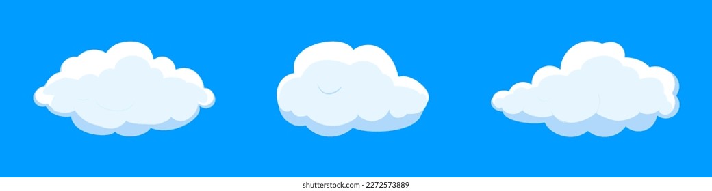 Nubes blancas de dibujos animados aisladas sobre fondo azul. Colección de diferentes nubes para la plantilla de fondo, papel pintado y diseño de cielo ondulado. Concepto de nubes planas. Ilustración vectorial de nubes