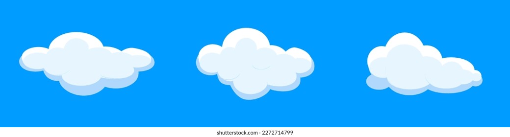 White cartoon clouds set isolated on blue background. Collection of different clouds for background template, wallpaper and fluffy sky design. Flat clouds concept. Clouds vector illustration