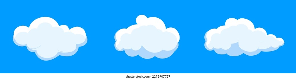 White cartoon clouds set isolated on blue background. Collection of different clouds for background template, wallpaper and fluffy sky design. Flat clouds concept. Clouds vector illustration