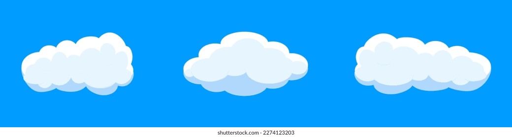 White cartoon clouds set isolated on blue background. Collection of different clouds for background template, wallpaper and fluffy sky design. Flat clouds concept. Clouds vector illustration