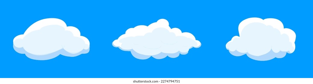 White cartoon clouds set isolated on blue background. Collection of different clouds for background template, wallpaper and fluffy sky design. Flat clouds concept. Clouds vector illustration