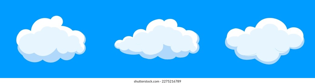 White cartoon clouds set isolated on blue background. Collection of different clouds for background template, wallpaper and fluffy sky design. Flat clouds concept. Clouds vector illustration