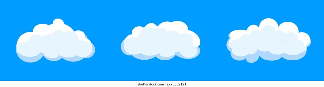 White cartoon clouds set isolated on blue background. Collection of different clouds for background template, wallpaper and fluffy sky design. Flat clouds concept. Clouds vector illustration