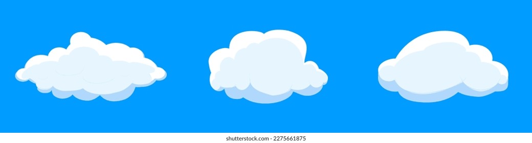 White cartoon clouds set isolated on blue background. Collection of different clouds for background template, wallpaper and fluffy sky design. Flat clouds concept. Clouds vector illustration