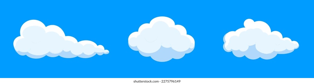 White cartoon clouds set isolated on blue background. Collection of different clouds for background template, wallpaper and fluffy sky design. Flat clouds concept. Clouds vector illustration